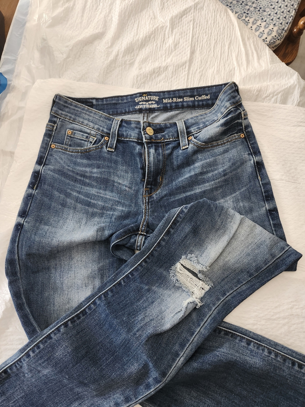Signature by Levi Strauss Distressed Mid-Rise Skinny Jeans - Blue